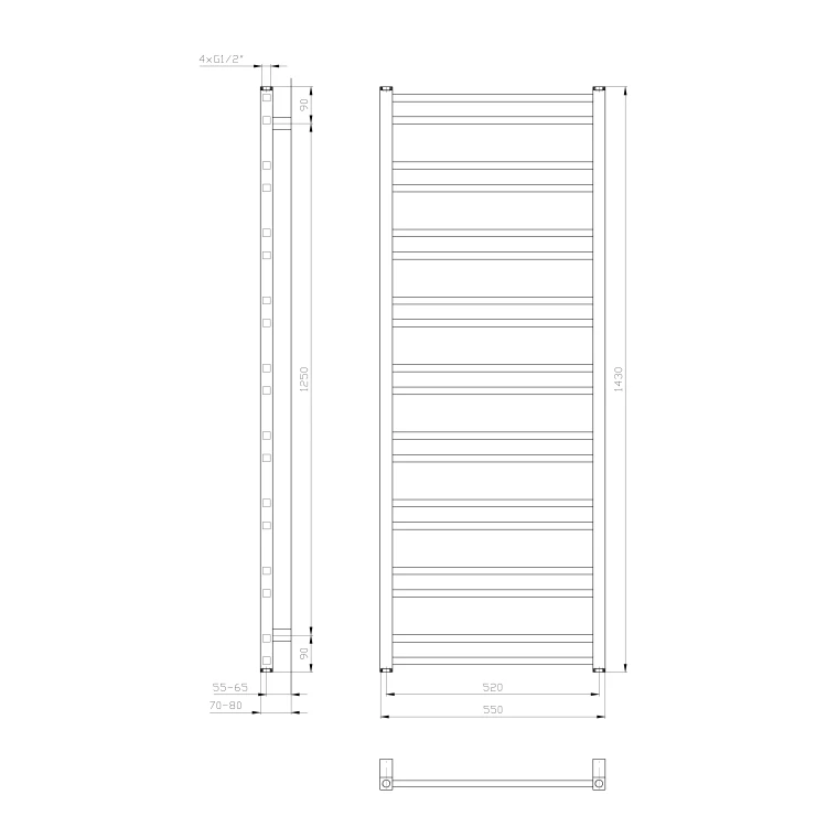 Rysunek techniczny - METRO DOS grzejnik łazienkowy 550x1430 mm, biały