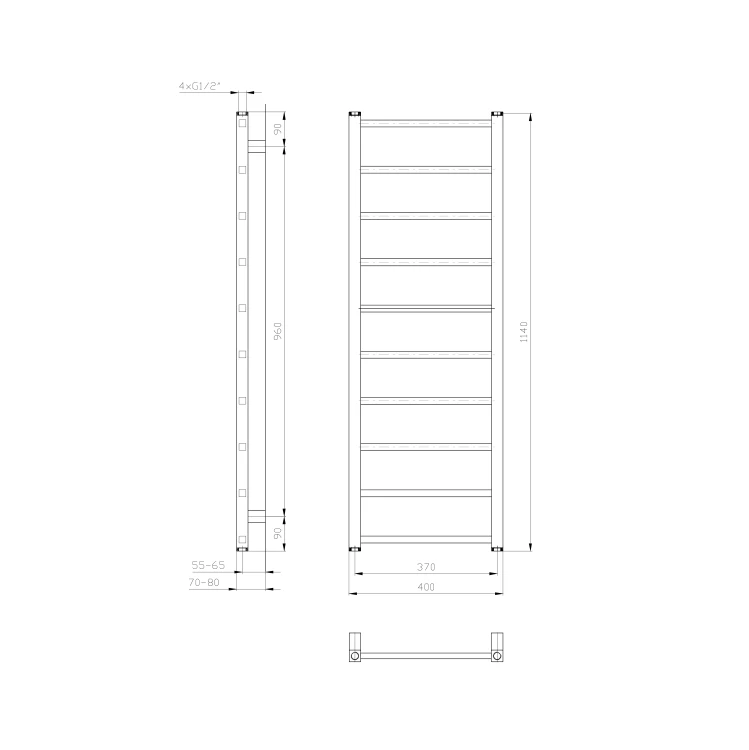 Rysunek techniczny - METRO LIGHT grzejnik łazienkowy 400x1140 mm, biały