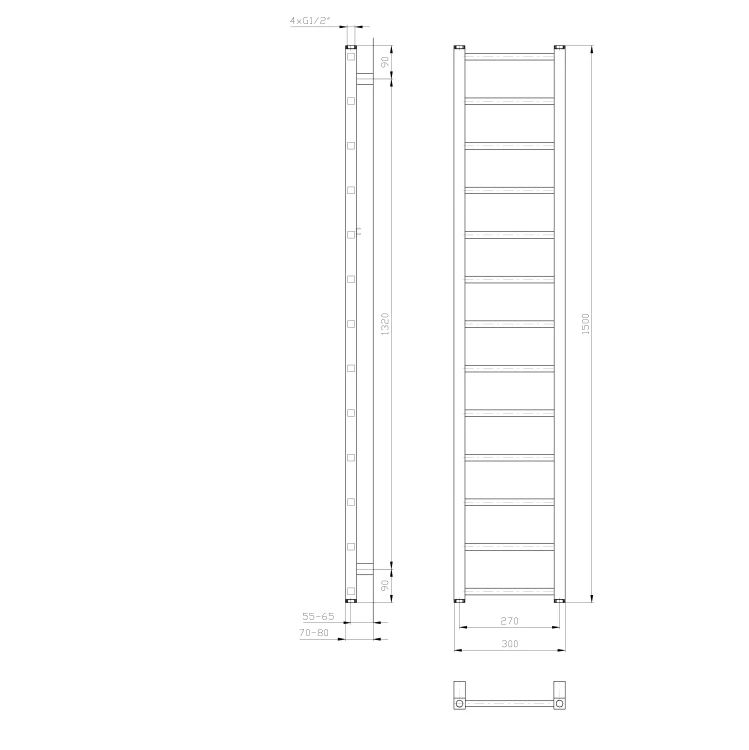 Rysunek techniczny - METRO LIGHT grzejnik łazienkowy 300x1500 mm, biały