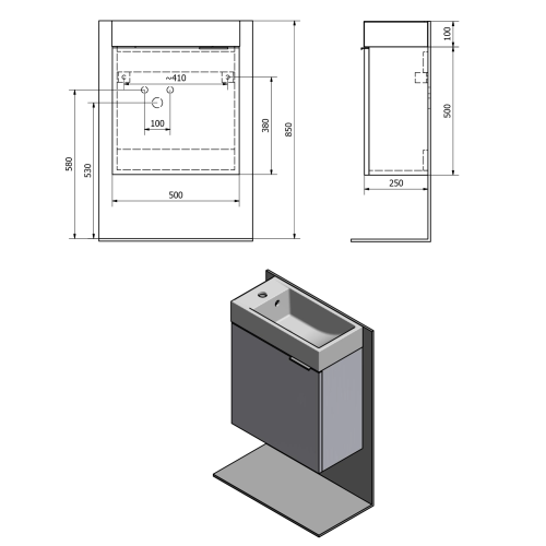 Rysunek techniczny - LATUS IV szafka umywalkowa 49,5x50x24,5 cm, biała