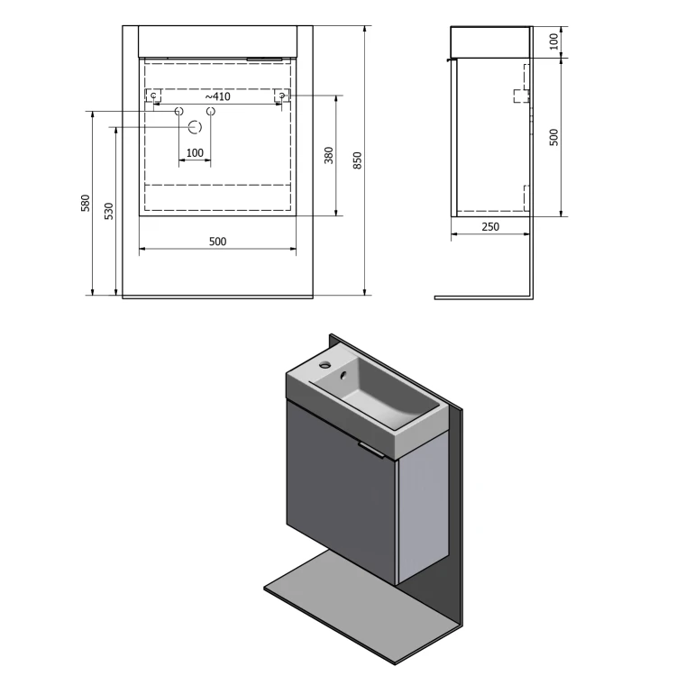 Rysunek techniczny - LATUS IV szafka umywalkowa 49,5x50x24,5 cm, biała
