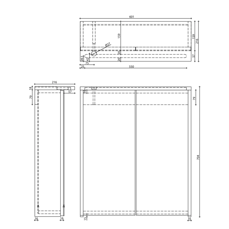 Rysunek techniczny - KAWA STRIP szafka z lustrem, oświetlenie LED 60x70x22cm, biały