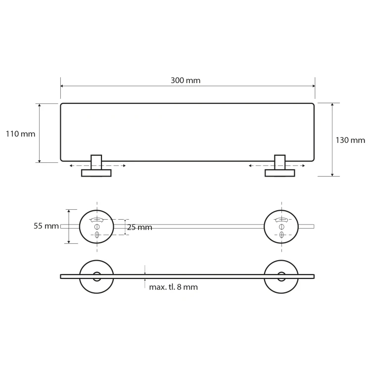 Rysunek techniczny - X-ROUND E półka szklana 300x130mm, szkło mleczne, chrom
