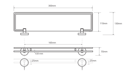 Rysunek techniczny - X-ROUND E półka szklana z relingiem 300x130mm, szkło mleczne, chrom