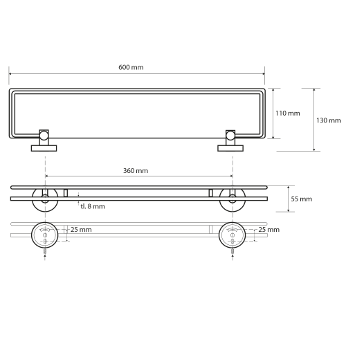 Rysunek techniczny - X-ROUND E półka szklana ze składanym drążkiem 600x130mm, szkło mleczne, chrom