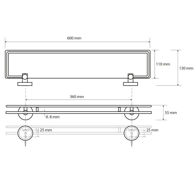 Rysunek techniczny - X-ROUND E półka szklana ze składanym drążkiem 600x130mm, szkło mleczne, chrom
