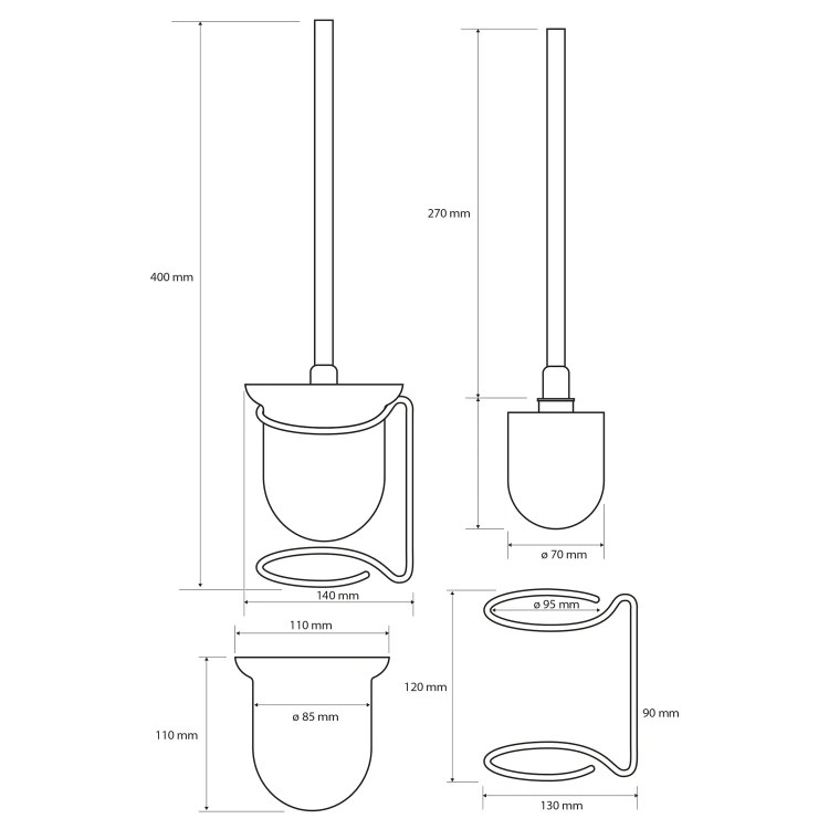 Rysunek techniczny - X-ROUND E szczotka do WC do postawienia, szkło mleczne, chrom