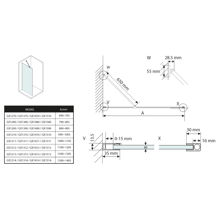Rysunek techniczny - VARIO WHITE jednoczęściowa kabina prysznicowa Walk-In, montaż przy ścianie, szkło nordic, 1000 mm #2