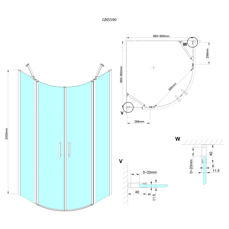 Rysunek techniczny - LORO kabina prysznicowa półokrągła 900x900mm, szkło czyste