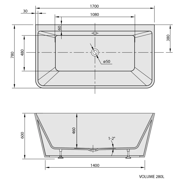 Rysunek techniczny - LIBERTA D wanna przyścienna 170x78x60cm, biały