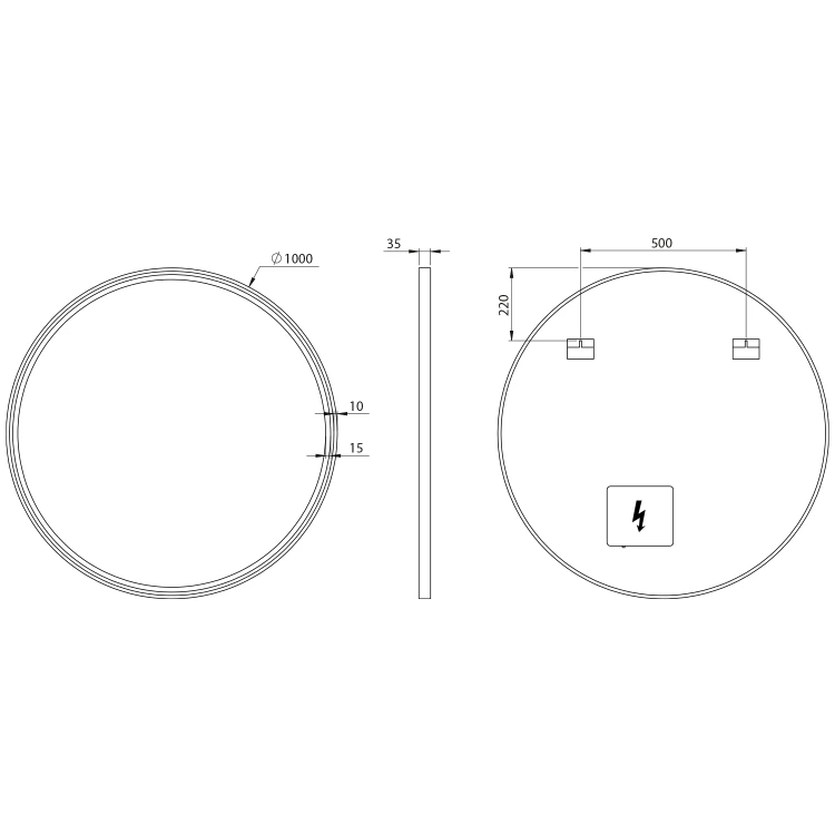 Rysunek techniczny - KADRIS okrągłe lustro z oświetleniem LED, ø 100cm, czarny mat