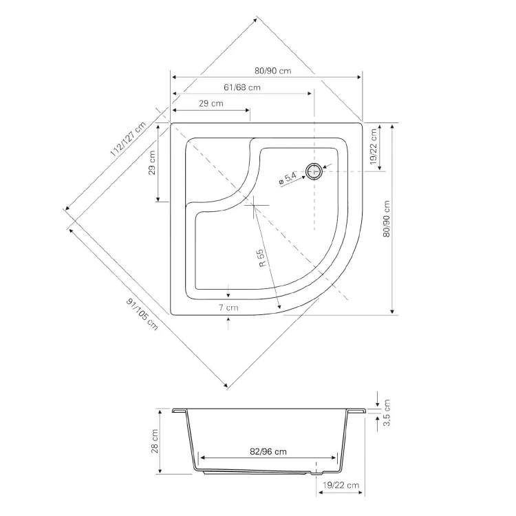 Rysunek techniczny - Brodzik prysznicowy akrylowy, ćwierćokrąg 90x90x28cm, wraz z nóżkami podpierającymi, R550