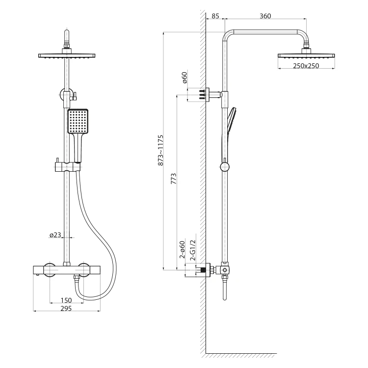 Rysunek techniczny - Zestaw prysznicowy z baterią termostatyczną, chrom