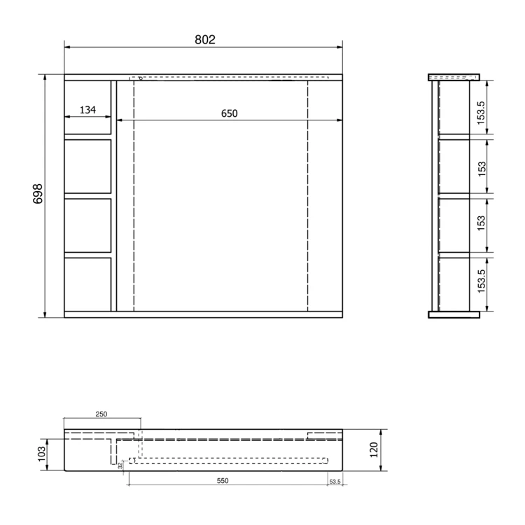 Rysunek techniczny - KORIN STRIP lustro z oświetleniem LED i półkami 80x70x12cm