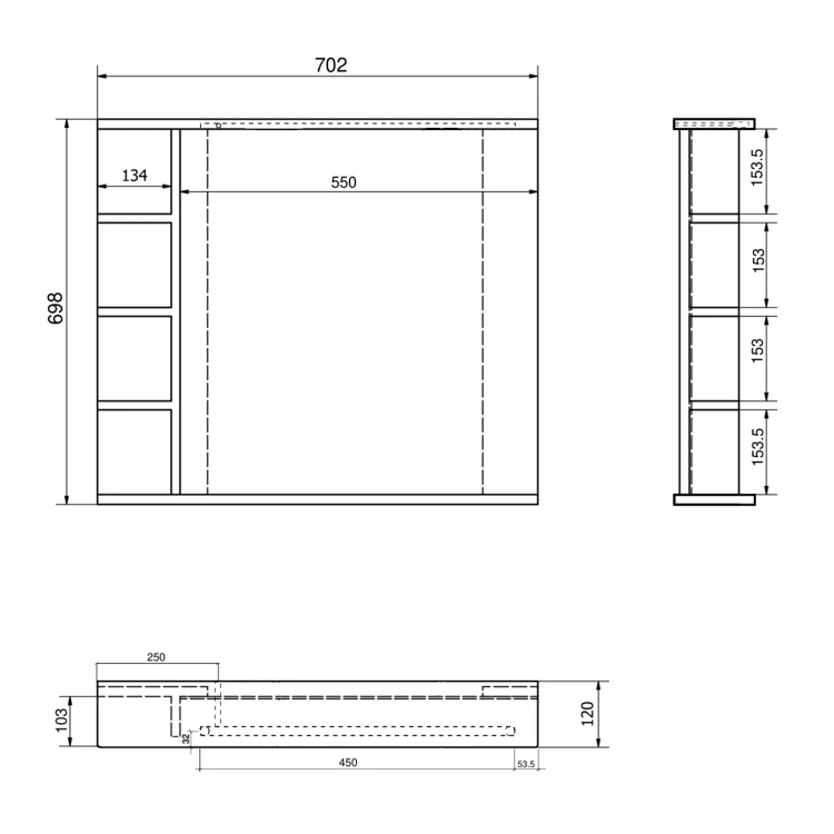 Rysunek techniczny - KORIN STRIP lustro z oświetleniem LED i półkami 70x70x12cm