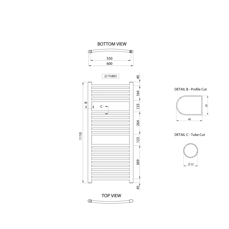 Rysunek techniczny - ALYA grzejnik łazienkowy obły 600x1110mm, chrom