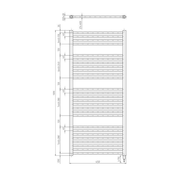 Rysunek techniczny - DIRECT-E grzejnik elektryczny 450x1320 mm, 400 W, czarny