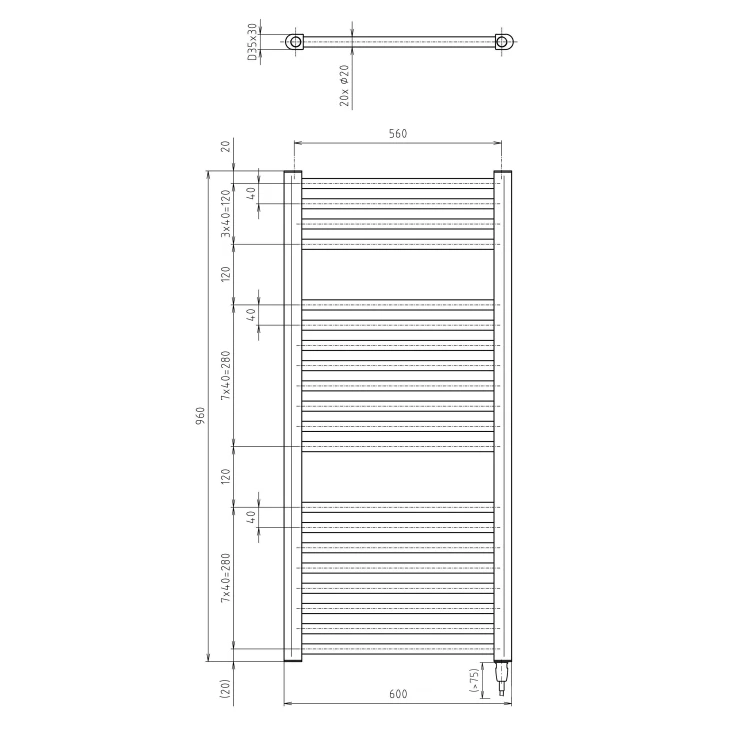 Rysunek techniczny - DIRECT-E grzejnik elektryczny 600x960 mm, 400 W, czarny