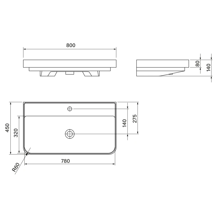 Rysunek techniczny - ZEN umywalka meblowa 80x45cm, biała