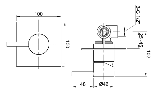 Rysunek techniczny - MINIMAL bateria prysznicowa podtynkowa, 1 wyjście, stal nierdzewna mat