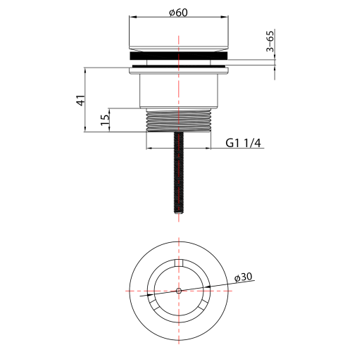 Rysunek techniczny - Odpływ umywalkowy 5/4'', niezamykany, design korek, 3-65mm, chrom