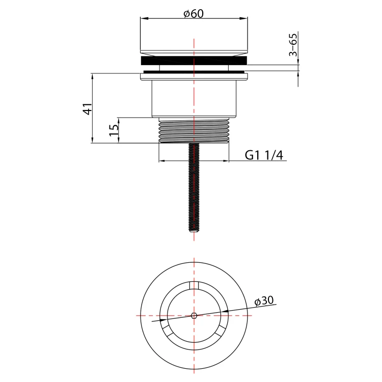 Rysunek techniczny - Odpływ umywalkowy 5/4'', niezamykany, design korek, 3-65mm, chrom