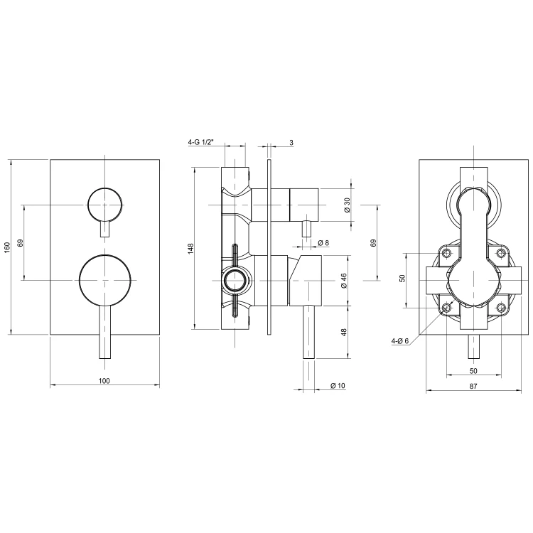 Rysunek techniczny - MINIMAL bateria prysznicowa podtynkowa, 2 wyjścia, stal nierdzewna mat