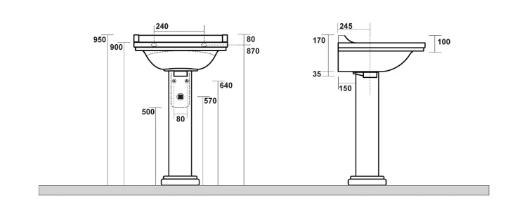 Rysunek techniczny - WALDORF uniwersalny postument do umywalek 60,80cm, czarny mat