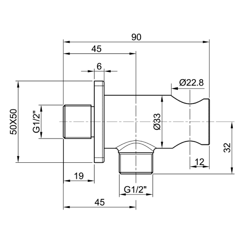 Rysunek techniczny - MINIMAL uchwyt prysznicowy okrągły, stały, z wylewką, stal nierdzewna mat