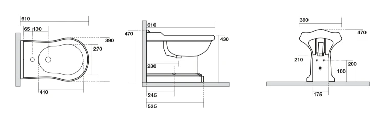 Rysunek techniczny - RETRO bidet 39x61cm, czarny mat