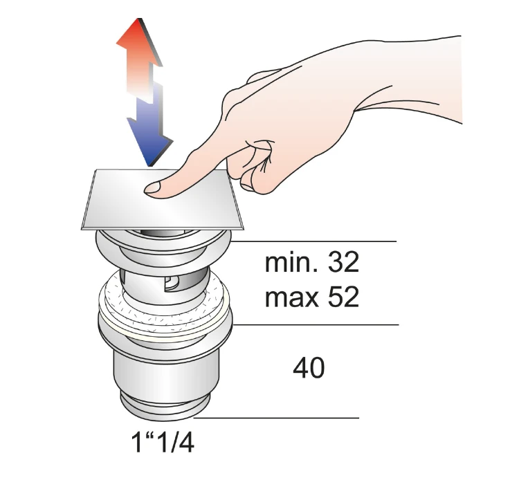 Rysunek techniczny - Korek umywalkowy 5/4'', klik-klak, kwadratowy korek, 32-52mm, chrom