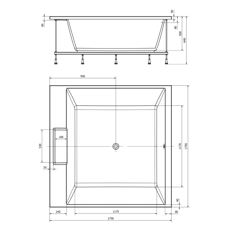 Rysunek techniczny - CAME wanna kwadratowa ze stelażem 175x175x50cm, biała