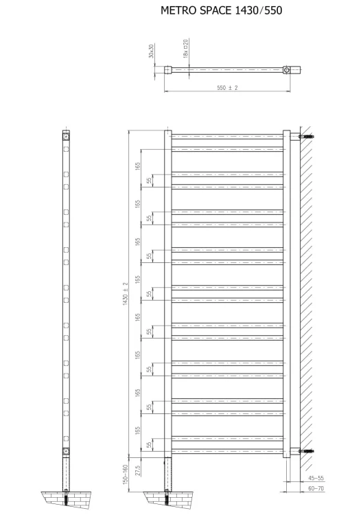 Rysunek techniczny - METRO SPACE grzejnik, ścianka przedziałowa, 550x1430 mm, czarny mat