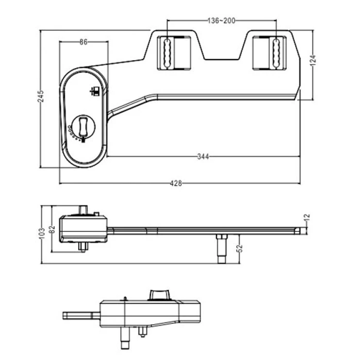 Rysunek techniczny - EASY CLEANING bidet pod deskę WC, zasilanie zimną wodą, polypropylen