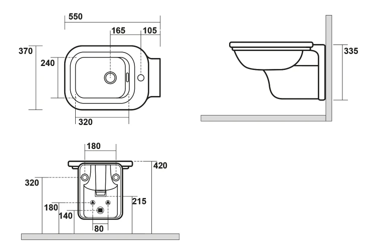 Rysunek techniczny - WALDORF bidet wiszący 37x55cm, czarny mat