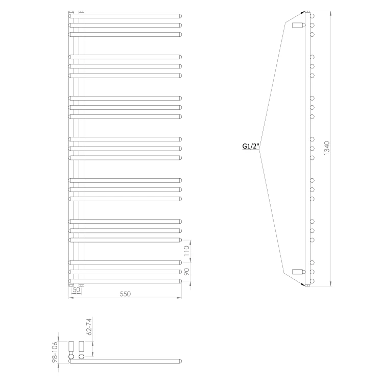 Rysunek techniczny - POSEIDON grzejnik łazienkowy 550x1340mm, czarny mat