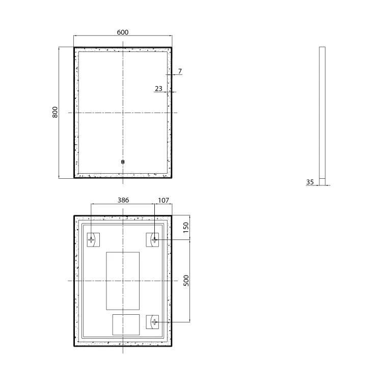 Rysunek techniczny - CORNA lustro z oświetleniem LED 60x80cm, czujnik dotykowy, ściemnialne, czarny mat