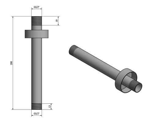 Rysunek techniczny - Ramię prysznicowe, okrągły, 200mm, czarny mat