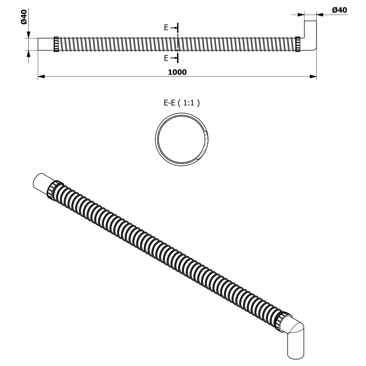 Rysunek techniczny - Złącze elastyczne L-100 cm, kolanko 40/40 mm