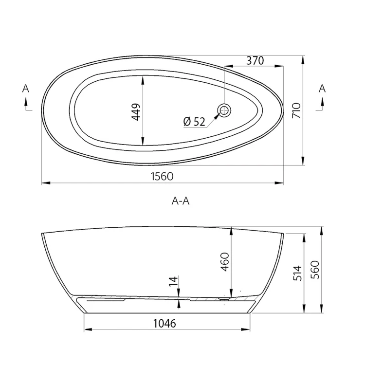 Rysunek techniczny - ELIPSIE wanna 1570x700x560mm, kompozyt, objętość 260l, biały połysk