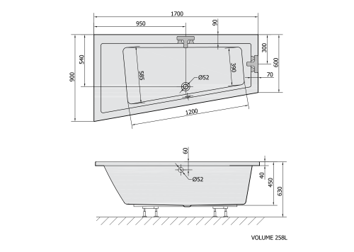 Rysunek techniczny - ANDRA L wanna asymetryczna 170x90x45cm, biała mat