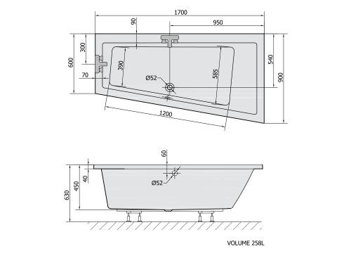 Rysunek techniczny - ANDRA R wanna asymetryczna 170x90x45cm, szary