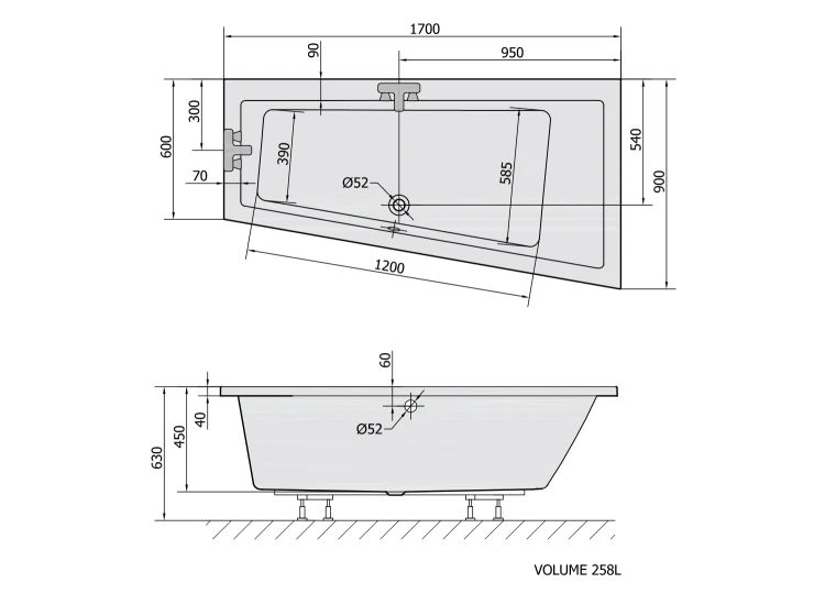 Rysunek techniczny - ANDRA R wanna asymetryczna 170x90x45cm, szary