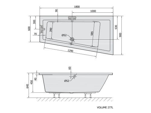 Rysunek techniczny - ANDRA R wanna asymetryczna 180x90x45cm, biała mat
