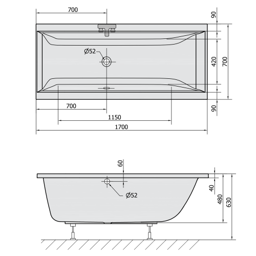 Rysunek techniczny - CLEO wanna prostokątna 170x70x48cm, szary