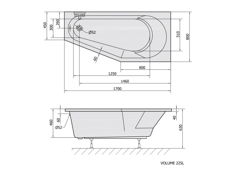 Rysunek techniczny - TIGRA R wanna asymetryczna 170x80x46cm, prawa, biała mat