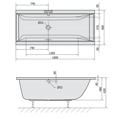 Rysunek techniczny - CLEO wanna prostokątna 180x90x48cm, biały mat