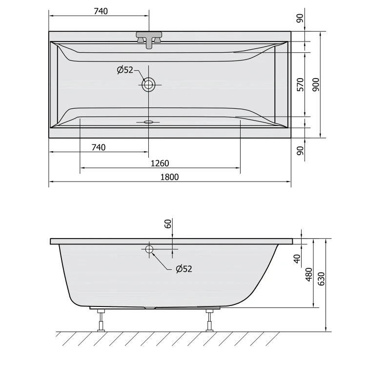 Rysunek techniczny - CLEO wanna prostokątna 180x90x48cm, szary