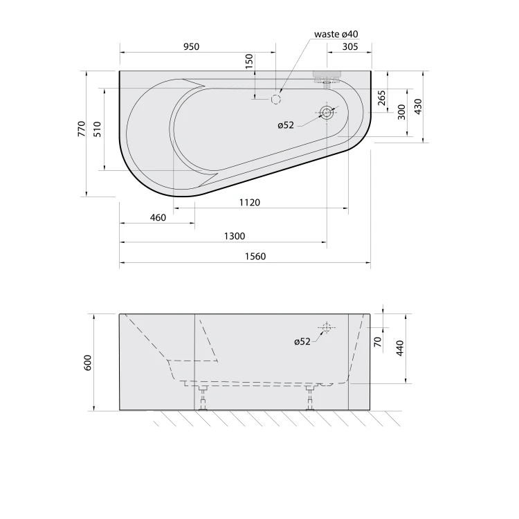 Rysunek techniczny - PROJEKTA DL MONOLITH wanna przyścienna 156x77x60cm, biały