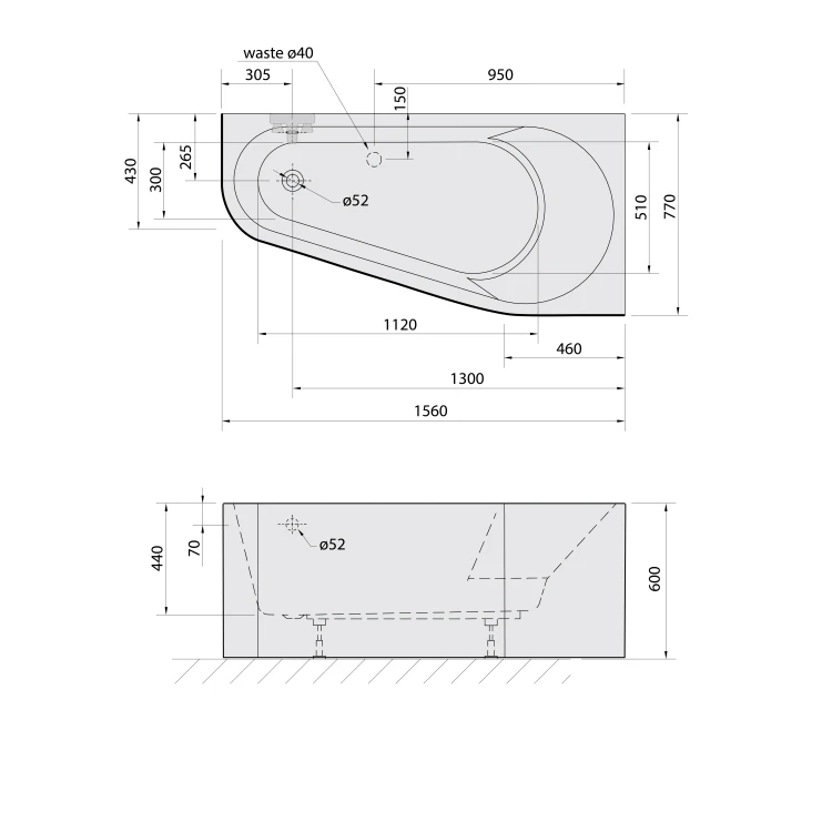 Rysunek techniczny - PROJEKTA R MONOLITH wanna narożna 156x77x60cm, biały/czarny